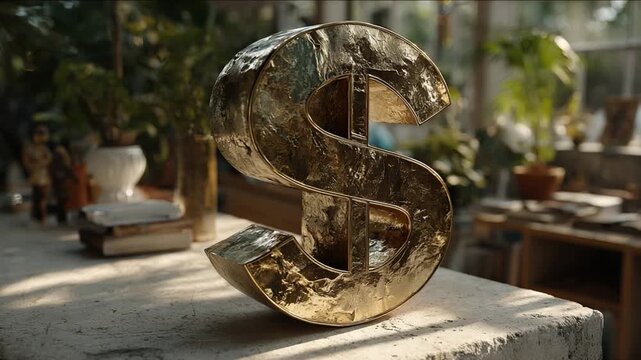 Golden S Symbol of Wealth: A large, textured, golden 'S' symbol sits on a stone table in a greenhouse, surrounded by plants and books, representing money and prosperity.