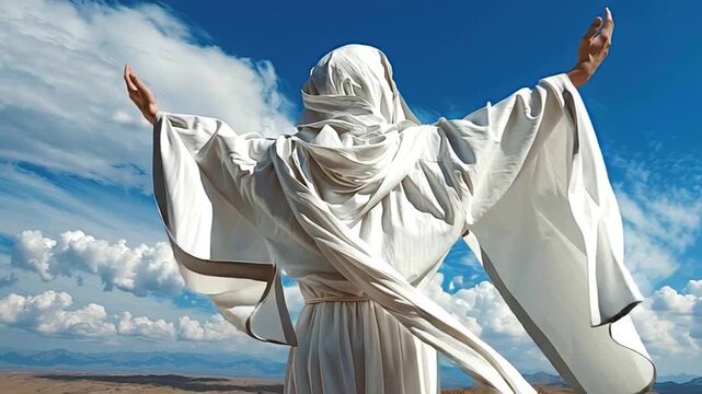 Majestic view from behind of jesus christ standing in the desert, slowly raising his arms to the bright blue sky with white clouds, his white robe fluttering in the wind