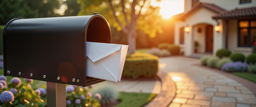 Mailbox with letters beside garden path in sunset at home  