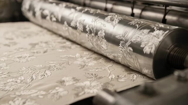 Closeup medium shot of patterned rollers imprinting delicate floral relief designs on soft fabric showcasing the precision and elegance of the embossing process.