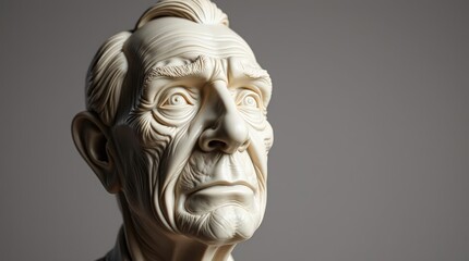Obraz premium A detailed sculpture of an elderly man's face with prominent wrinkles and expressive eyes