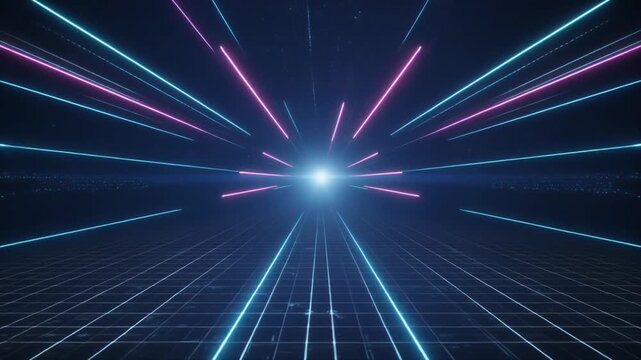 複数のレーザービームが一点に収束する抽象映像