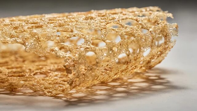 Closeup medium shot revealing the delicate lattice structure of an airy snack emphasizing the light and crispy pattern with shadow play.