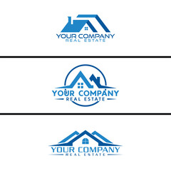 Fototapeta premium Modern Real Estate Company Logo Set with Blue House and Roof Design Template