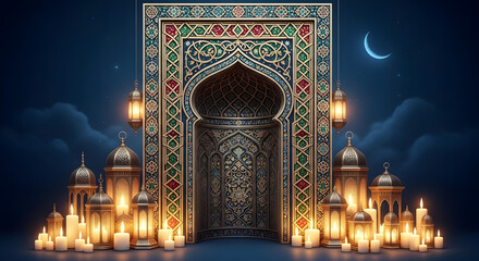 Islamic geometric floral frame, mosque mihrab arch shape, glowing candles and lanterns