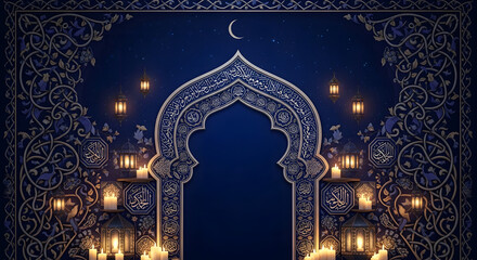Islamic geometric floral frame, mosque mihrab arch shape, glowing candles and lanterns