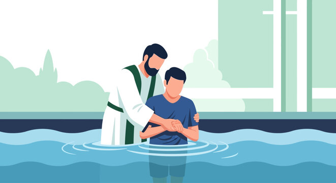 A flat design illustration capturing the profound moment of adult baptism by immersion, representing spiritual renewal and commitment.