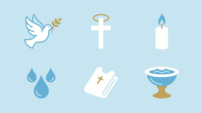 This flat design vector illustration features a comprehensive icon set of key baptism symbols, including a dove, cross, candle, and holy water.