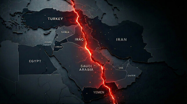 Geopolitical tension concept with map of Middle East showing fracture line  