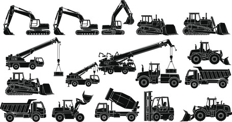 Construction machinery silhouette collection with excavator, bulldozer, crane truck, dump truck and forklift heavy equipment isolated on white background vector set © MdAnisur