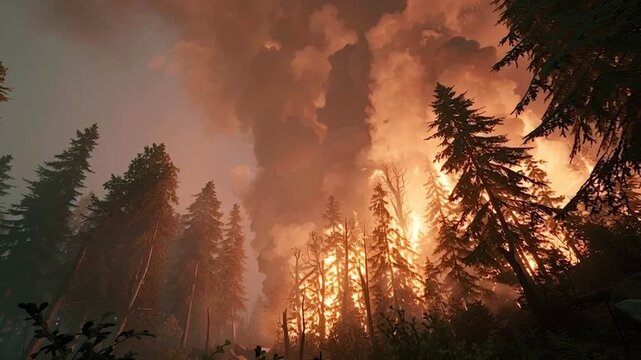 Immense inferno consuming a dense forest of coniferous trees as massive flames and thick, dark smoke rise into the sky, depicting a devastating natural disaster and environmental catastrophe