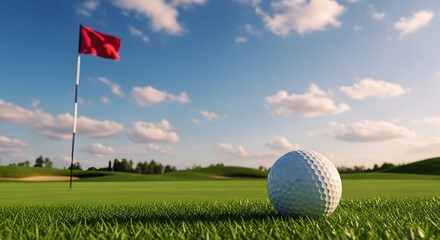 Obraz premium Golf ball on a green course with a red flag in the background