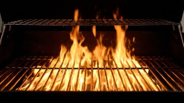 Close-up of a grill with flames licking up from the bottom, showing the grates