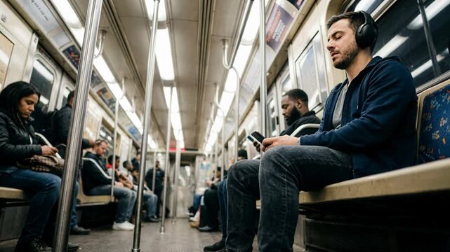 Man wearing headphones smiles while listening to music, nodding his head to the beat, looking at his phone on a busy metro subway train