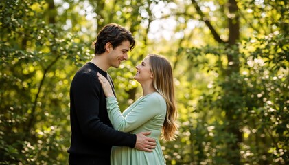 Fototapeta premium Happy pregnant couple embracing in a forest. Expecting parents smiling at each other outdoors. Maternity concept