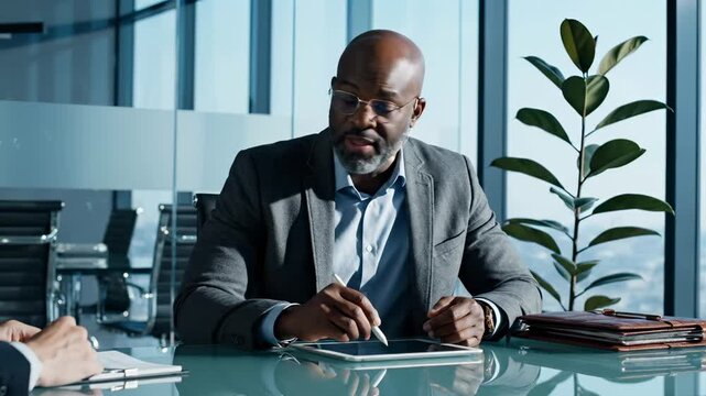Businessman signs document at office desk with tablet nearby. Executive reviews paperwork during meeting. Man signs business document at desk. Office meeting with document signing and tablet review.