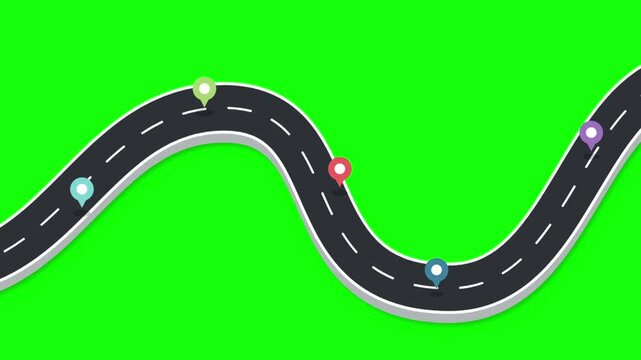 Animated location point animation on a winding road with markers