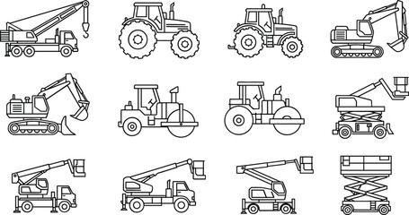 Construction and Heavy Equipment Line Icon Set Featuring Crane Truck, Excavator, Tractor, Road Roller, Dump Truck and Scissor Lift Vehicles © Sanjida