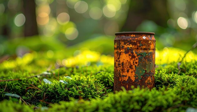 A rusted discarded tin can half buried in vibrant green moss with dappled sunlight filtering through the trees