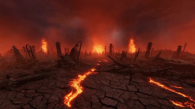 溶岩が流れる終末世界の荒廃した大地