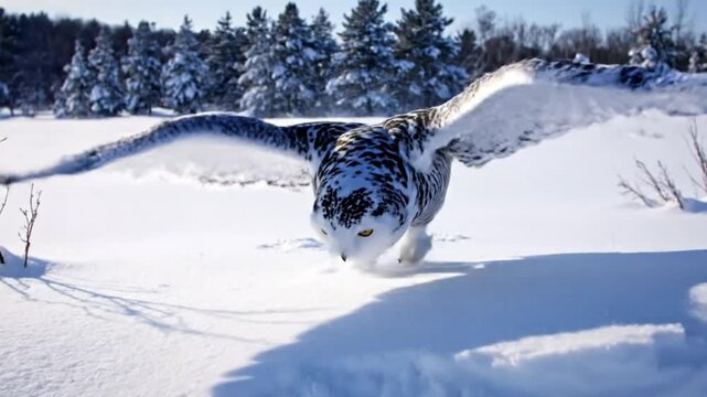 A magnificent snowy owl soars gracefully over a pristine, snow-covered winter landscape, its powerful wings spread wide against a clear blue sky. The majestic bird, with its distinctive white and blac