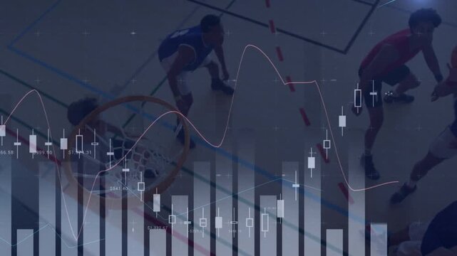 Animation of financial data processing over diverse basketball players and cityscape