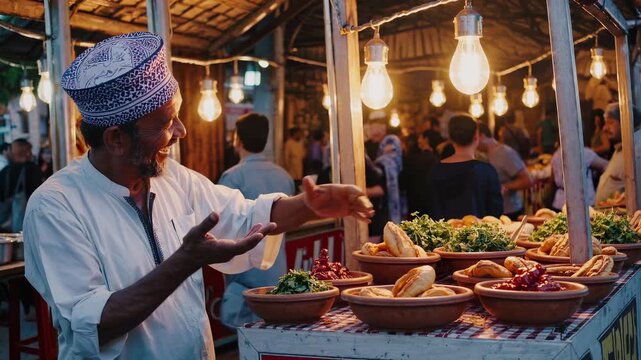 Smiling vendor serves street food with salad and fresh bread on rustic stall under hanging light man gestures to crowd in busy market, seller offering bowl of vegetable and spice for customer joy