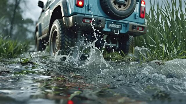 Tough 4x4 suv powering through a flooded woodland trail, throwing massive mud and water splashesextreme off road action showcasing rugged capability and adventurous wilderness travel
