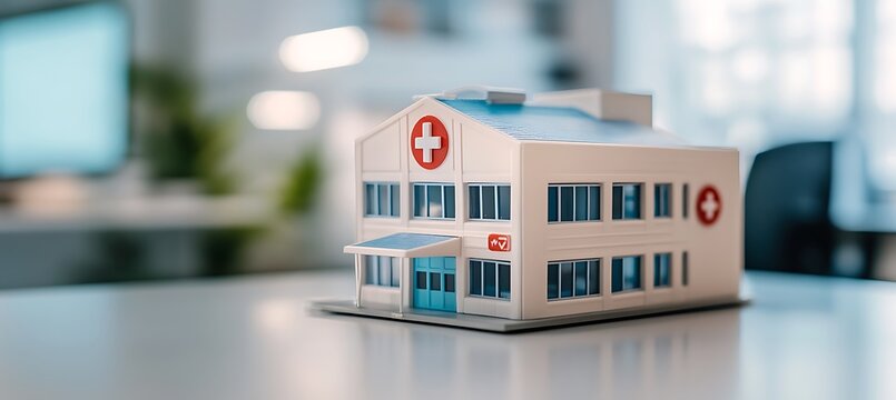 A miniature model of a hospital building with a red cross on its facade sits on a desk in a modern office