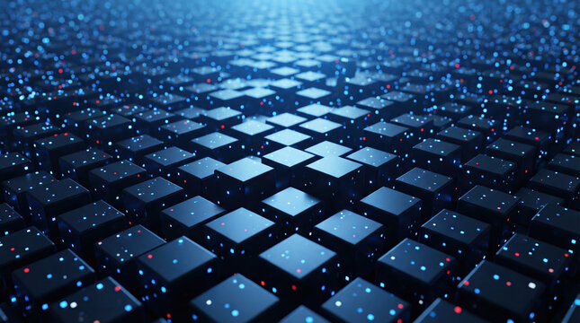 Abstract digital background of glowing blue cubes representing big data network and server technology.