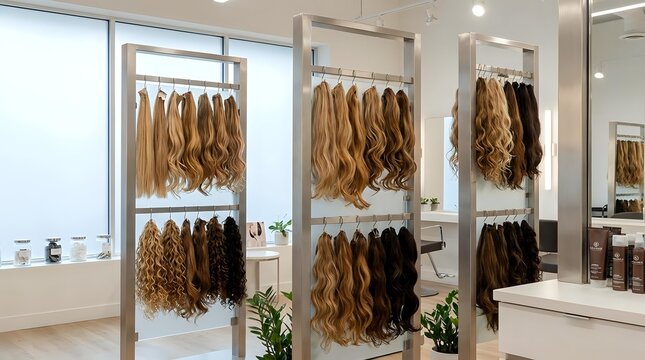 Modern hair salon interior with blonde and brown hair extensions displayed on professional racks in bright white studio space for beauty business.