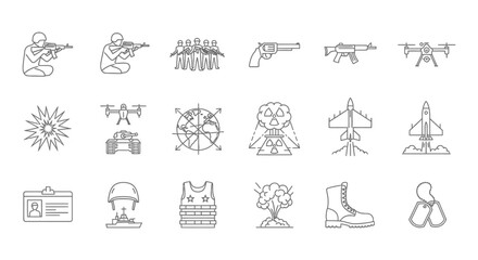 modern military and war icons set representing armed forces defense conflict and security in a minimalist outline style.