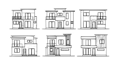 Modern Two Story House Elevation Sketch Set Minimalist Architecture Vector