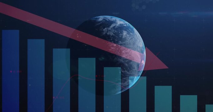 Animation of statistics and data processing with red arrow over globe