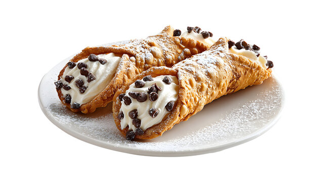 Two classic Sicilian cannoli on a plate. Crispy fried pastry shells are filled with a sweet isolated on a white background
