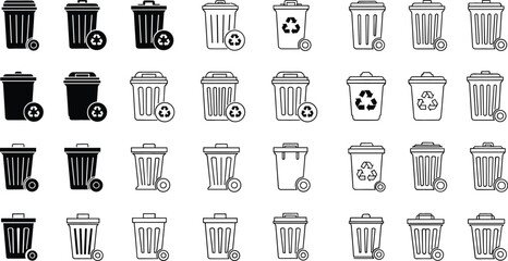 Trash Can and Recycling Bin Icon Set with Garbage Containers, Waste Management Symbols, and Eco Disposal Signs for Environmental Design