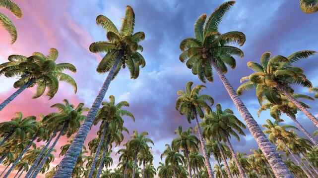
Green palm trees against blue sky and white clouds. Tropical jungle forest with bright blue sky, panoramic nature banner. Idyllic natural landscape, looking up, low point of view. Summer traveling. 
