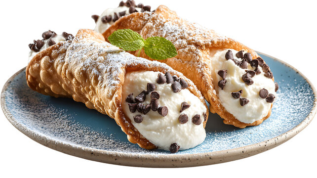 Two classic Sicilian cannoli on a plate. Crispy fried pastry shells are filled with a sweet isolated on a white background