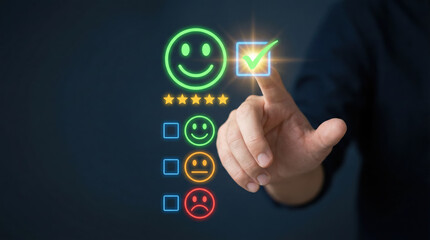 Fototapeta premium Businessman touching a digital screen to provide positive customer feedback and high satisfaction rating.