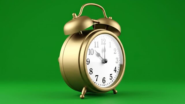 Golden Alarm Clock on Green Background - Time and Punctuality.