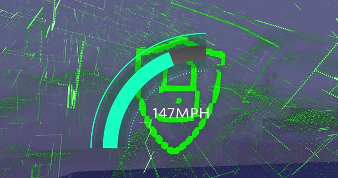 Animation of speedometer and digital padlock over cityscape