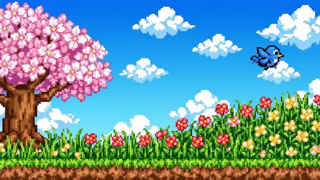 Beautiful pixel art landscape with cherry blossom tree and flowers.