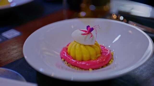 A gourmet dinner at a restaurant. Gastronomic food and dishes. Decorations and sophistication of signature dishes from the chef. Food as art. Bright colors of the dishes.