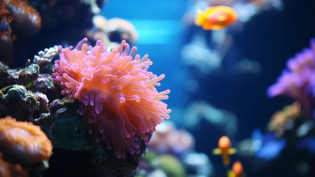 Close-up of vibrant anemone and corals in aquarium, soft focus background creating depth