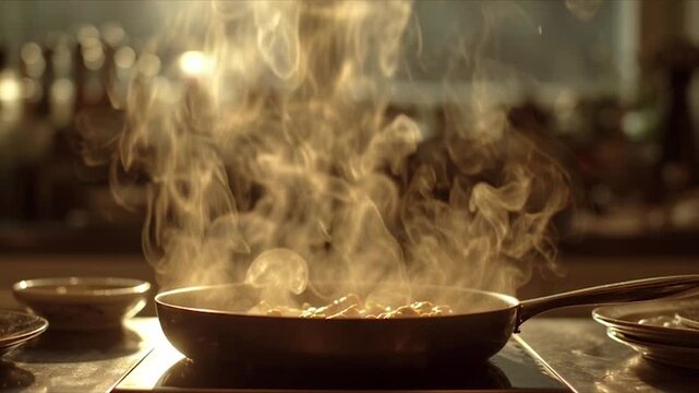Sizzling Hot Pan with Steam Rising in a Professional Kitchen Setting.