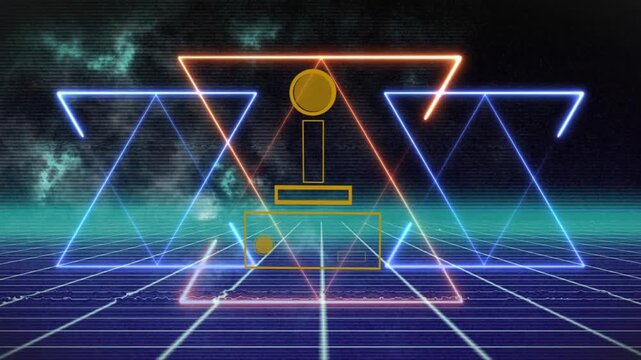 Animation of video game controller icon over light trails forming geometrical shapes on grid network