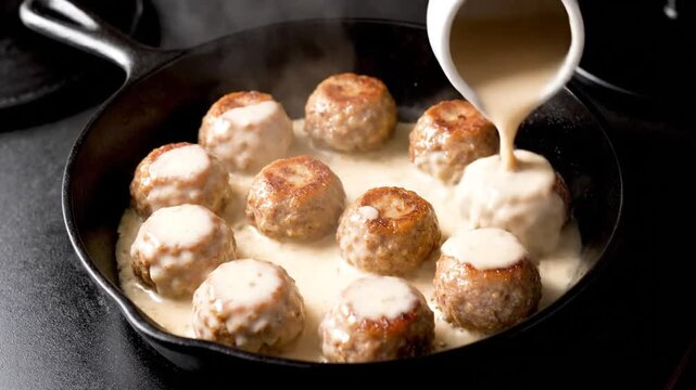 Meatballs cooking in a skillet as sauce is poured over them, gradually covering the meatballs with creamy sauce. The process includes pouring, simmering, and heating the meatballs in sauce.
