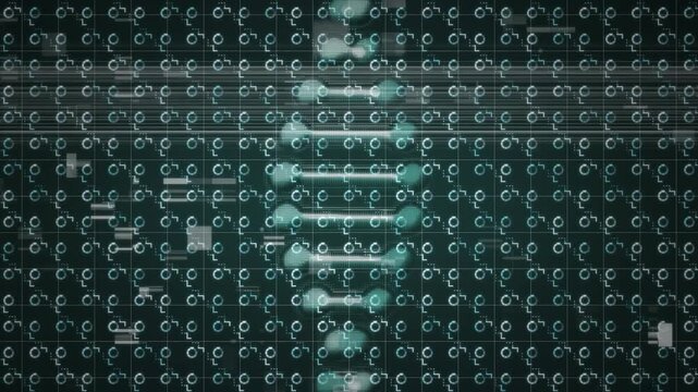 Animation of dna and glitch over dark background