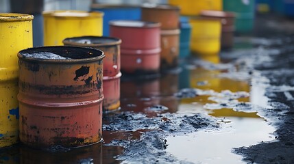 Fototapeta premium A row of colorful oil drums sitting in a puddle of oil on a dirty industrial surface