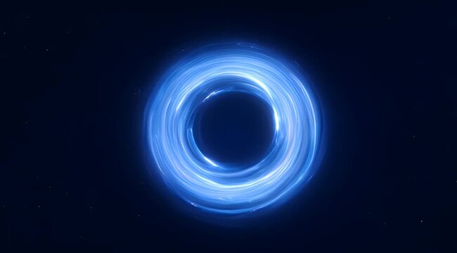 Hypnotic black hole surrounded by a glowing blue accretion disk in space